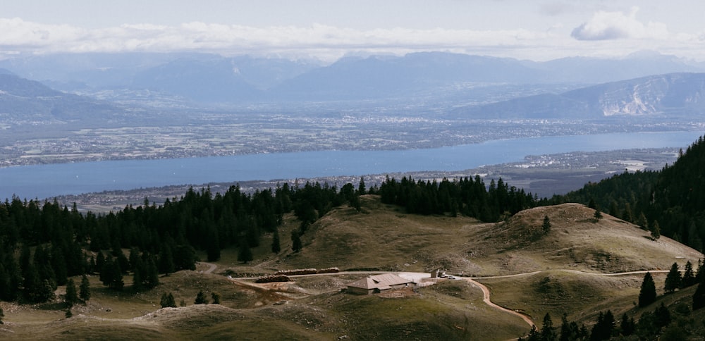 a landscape with trees and a body of water in the background