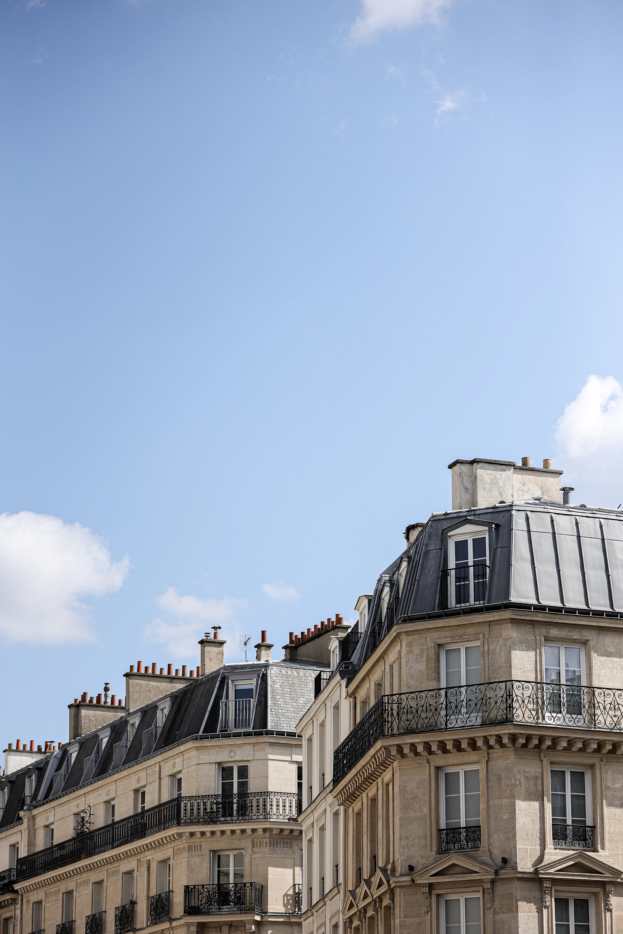 Toiture en zinc d'un immeuble parisien, lucarnes et cheminées sous un ciel bleu