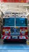 a fire truck parked in a garage