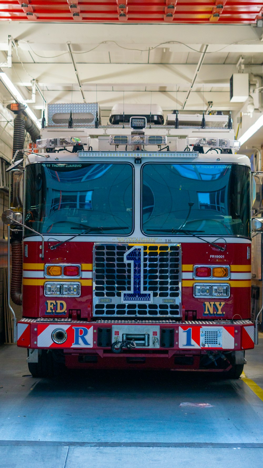 a fire truck parked in a garage