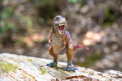 A toy dinosaur model with an open mouth stands on a textured rock, surrounded by a blurred natural background.