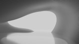 A futuristic and minimalist interior space dominated by smooth, flowing curves and lines. The walls and ceiling form an organic, wave-like pattern in monochrome tones. The overall atmosphere is serene and spacious, with a focus on clean architectural design.