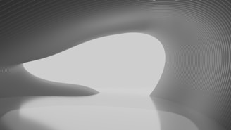 A futuristic and minimalist interior space dominated by smooth, flowing curves and lines. The walls and ceiling form an organic, wave-like pattern in monochrome tones. The overall atmosphere is serene and spacious, with a focus on clean architectural design.