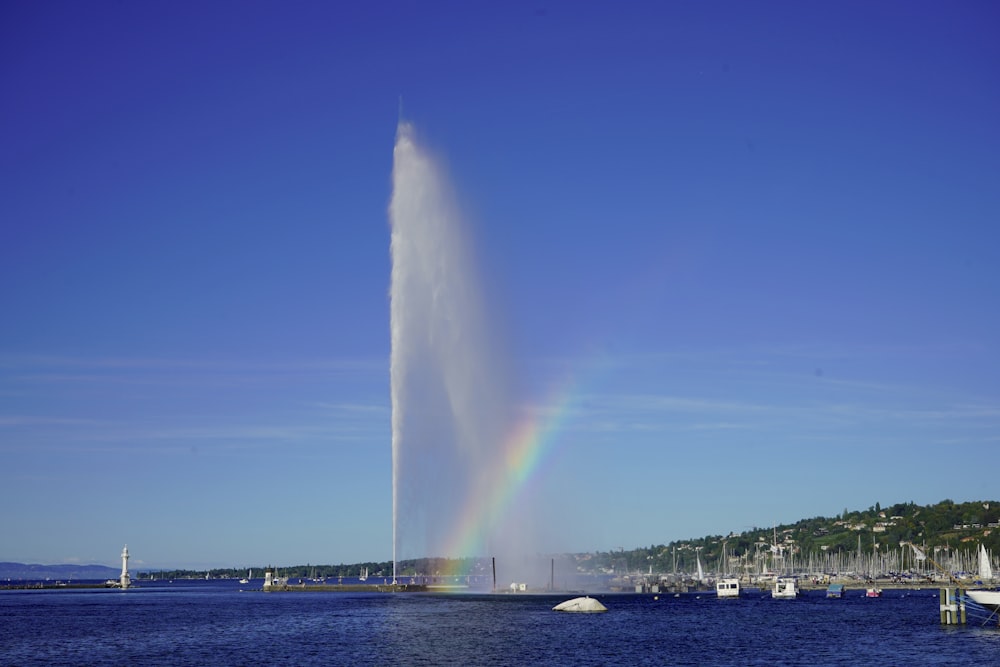 a large fountain in the middle of a body of water with Jet d'Eau in the background