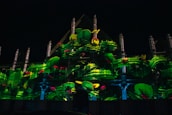 A building facade is illuminated with a vibrant projection of green cacti with pink flowers. The design integrates with the architectural features, using light to create a lively and artistic display.