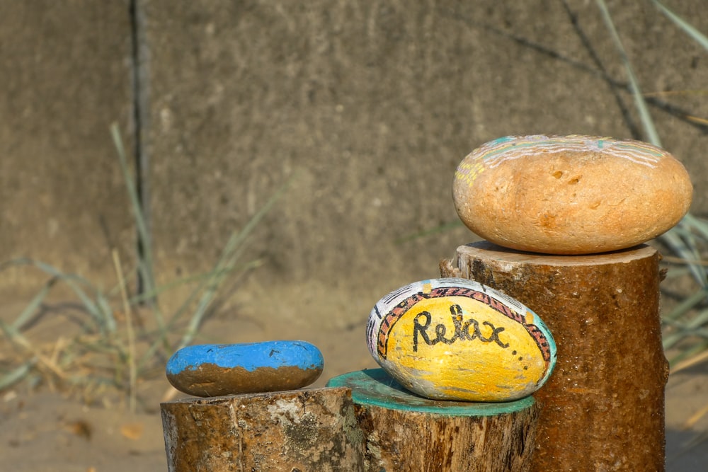 a group of round objects with writing on them