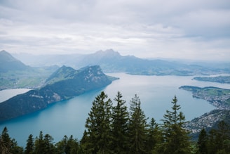 a lake surrounded by trees and mountains