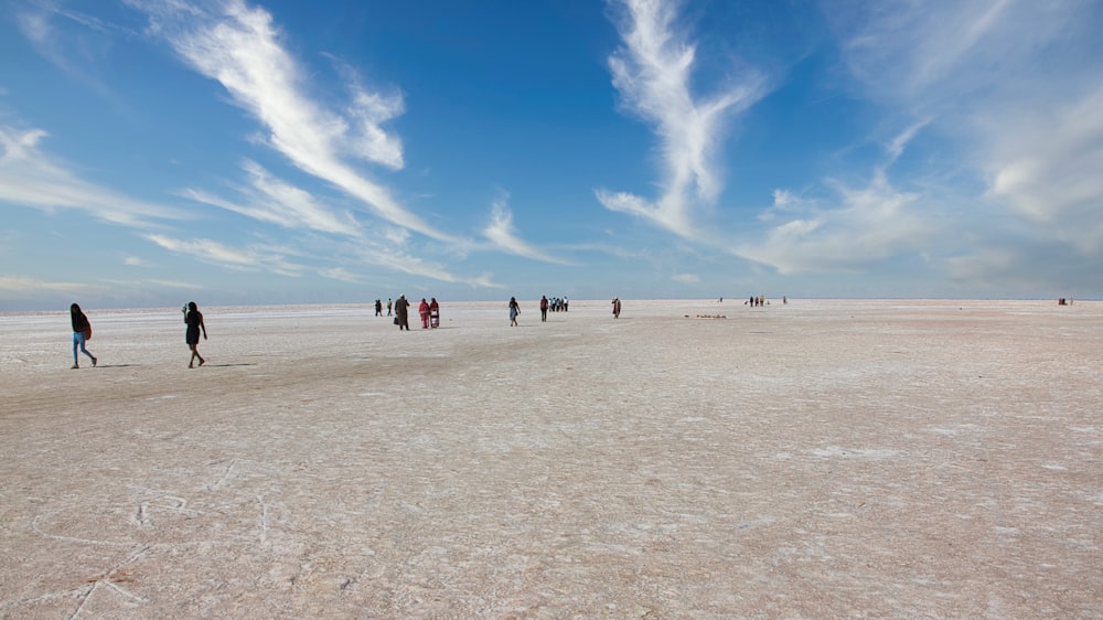 a group of people walking on a sandy beach