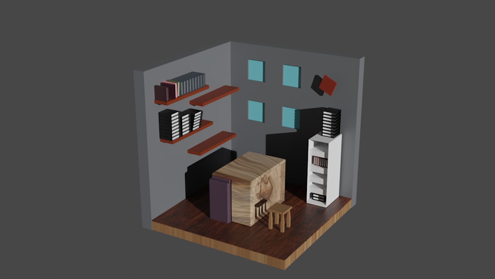a room with a bed and shelves