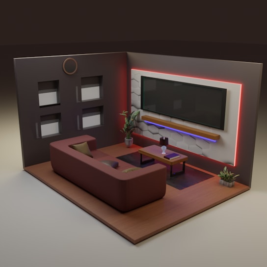 A cozy living room setup featuring a large screen and comfortable seating.