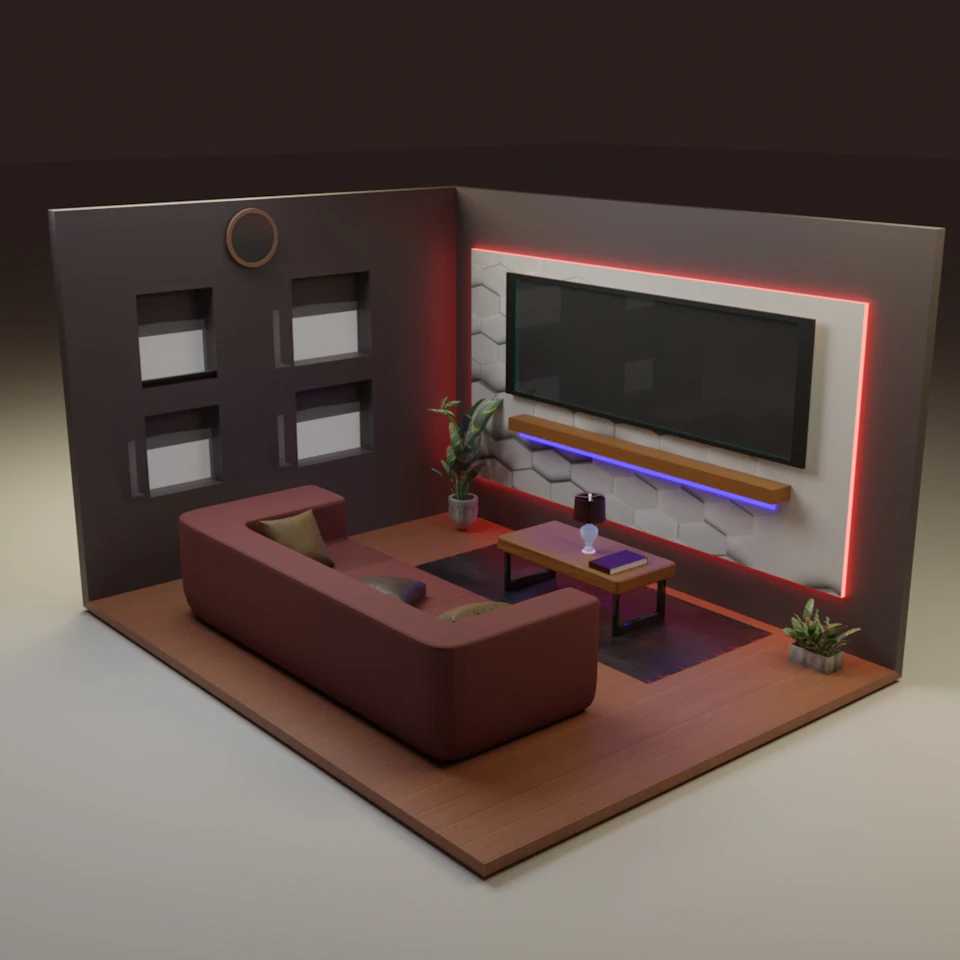 Cozy living room with large flat-screen TV mounted above brown coffee table and red couch