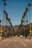 A road lined with tall palm trees stretches towards distant mountains under a clear blue sky. Vehicles are parked on both sides of the street, and traffic signs are visible. The scene conveys a sense of calm and spaciousness, characteristic of a sunny Californian landscape.