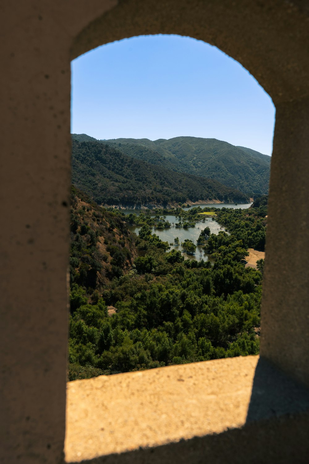 a view of a river and trees from a window