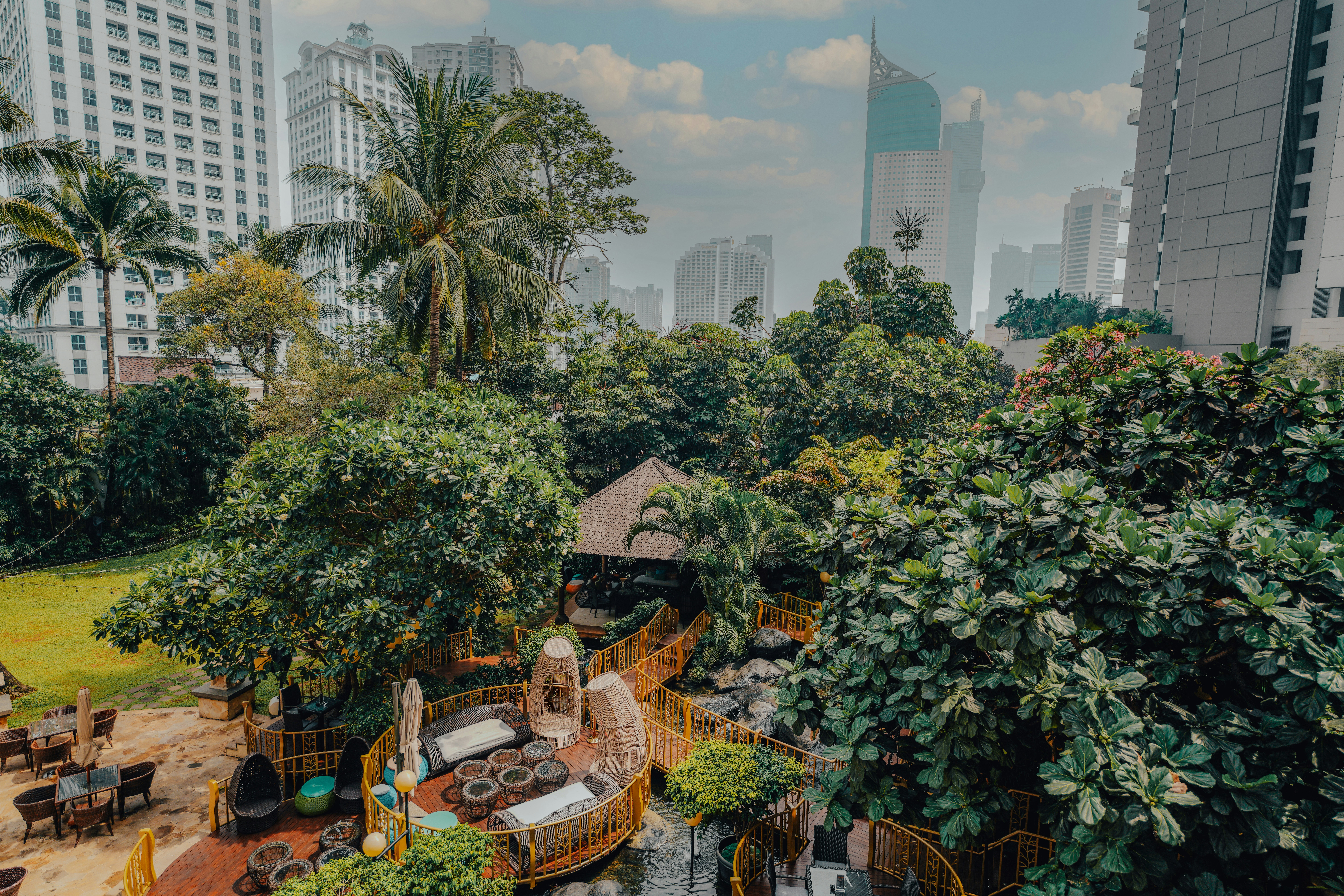 taman dengan pepohonan dan bangunan