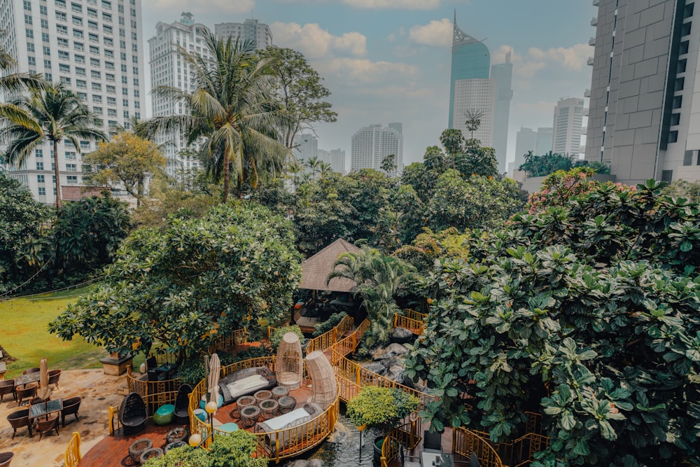 a park with trees and buildings