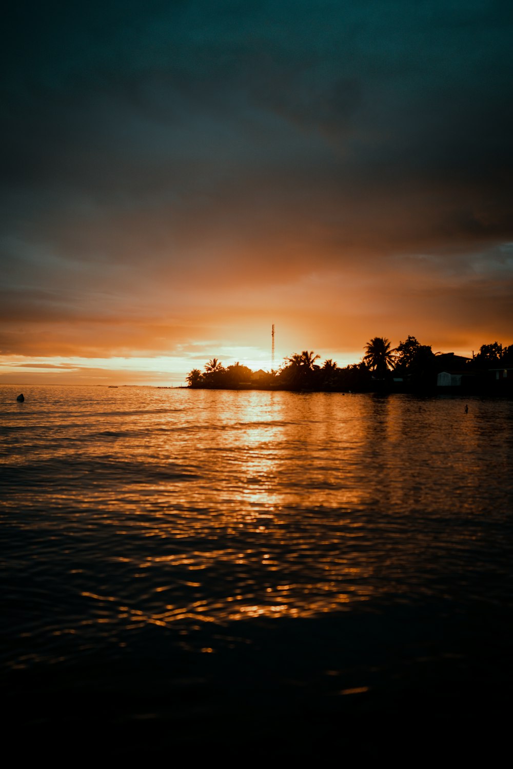 a body of water with trees and a sunset in the background