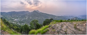 A panoramic view of rolling hills and valleys covered in rich green foliage at sunset.