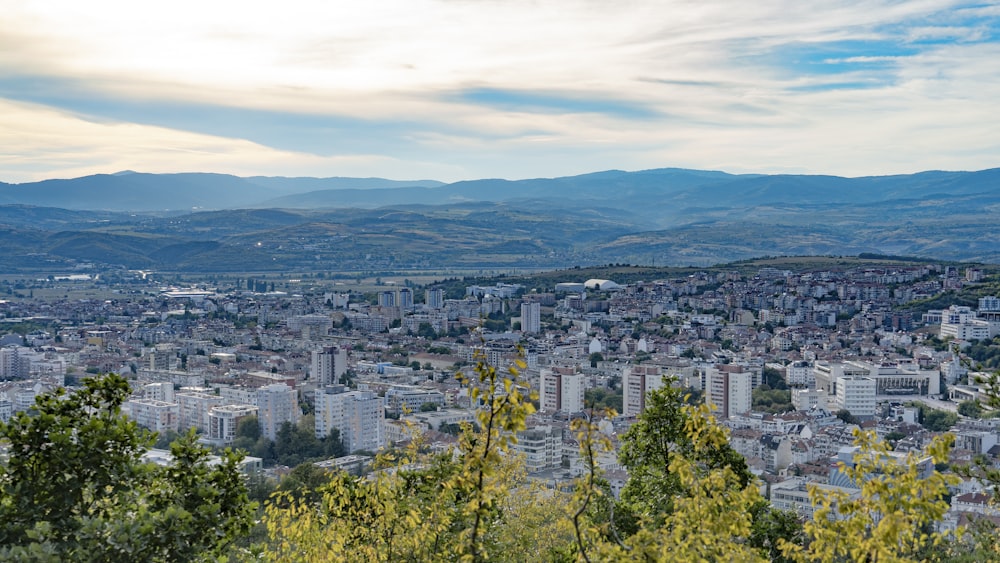 a city with trees and mountains in the background