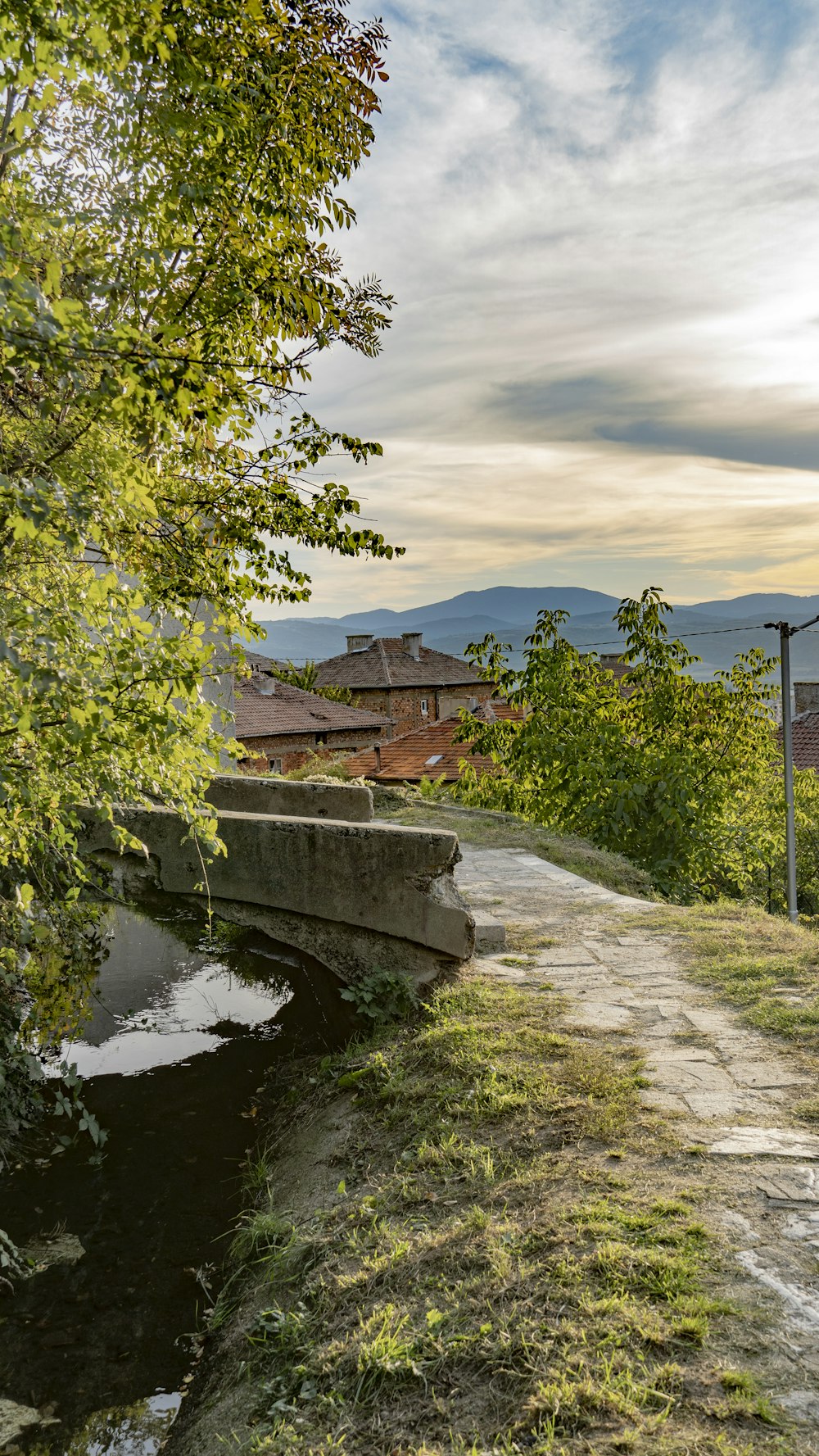 a river with a bridge and houses along it