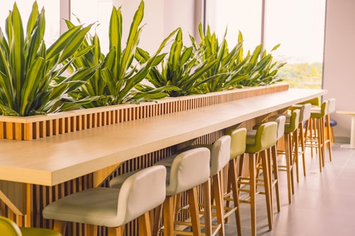 A modern interior space featuring a long wooden table with high chairs, each with a cushioned backrest in light colors. On top of the table, lush green plants are arranged in a wooden planter, creating a natural and inviting atmosphere. Large windows in the background allow natural light to fill the room, contributing to a bright and airy environment.