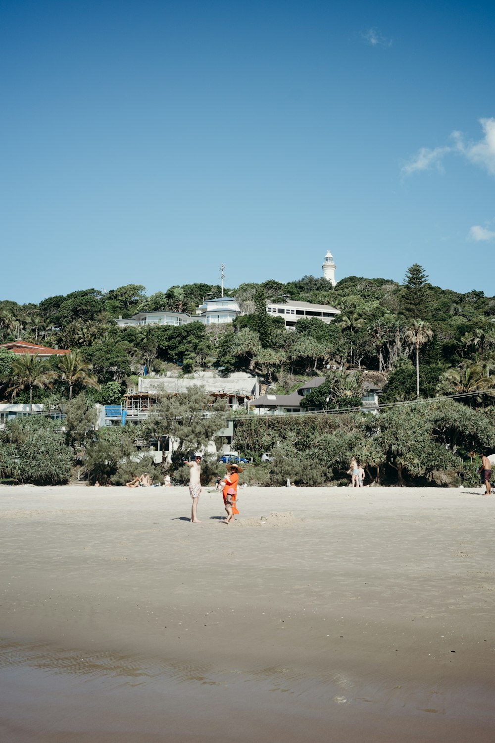 a group of people play on the beach