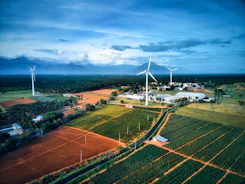 a large field with wind turbines in energy community
