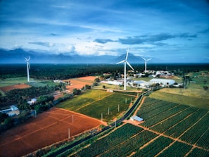 A hybrid energy park combining solar arrays and wind turbines in a scenic rural area