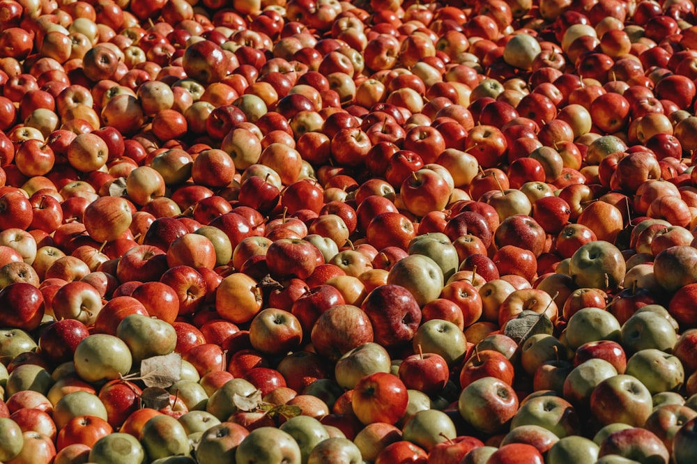 a pile of red and green apples