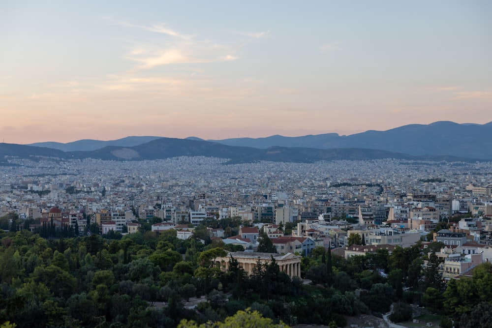 a city with trees and mountains in the background