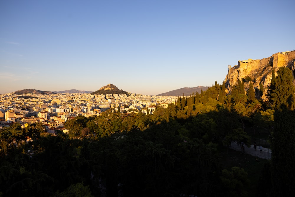 a city with trees and mountains in the background