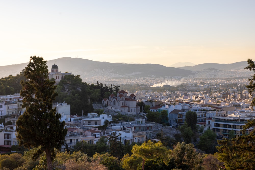 a city with trees and mountains in the background