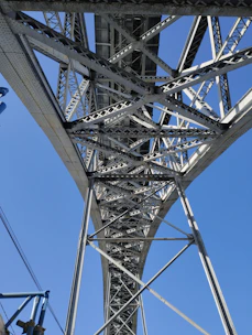 Abstract architectural detail showing structural steel framework in cool blue tones.