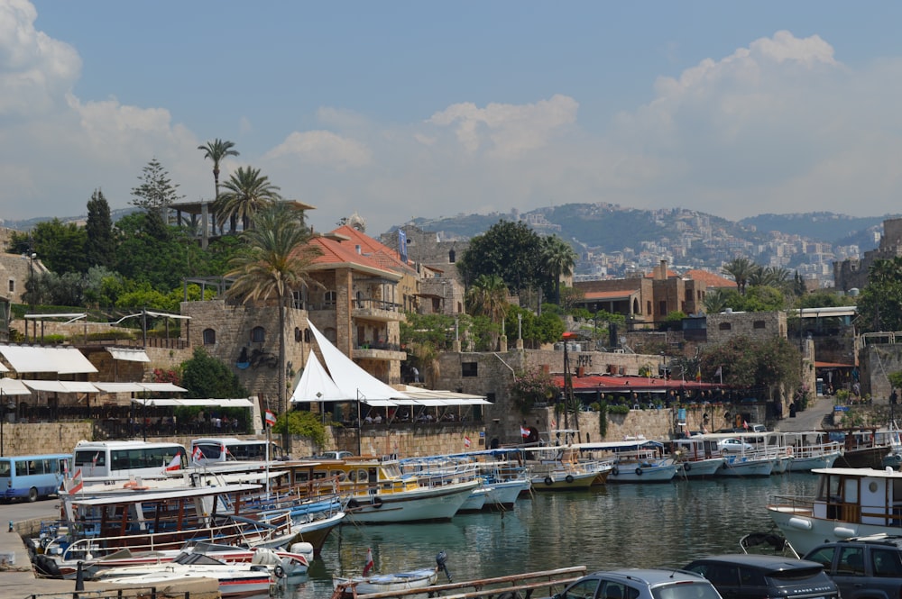 a marina with boats and buildings