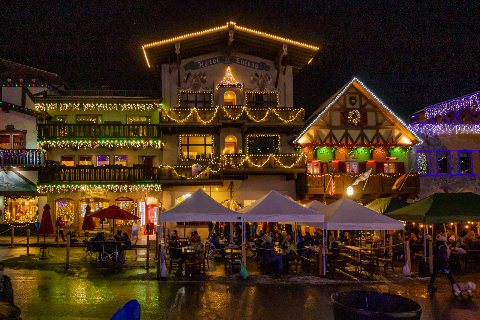 Christmas lights illuminating a building in Leavenworth, Washington