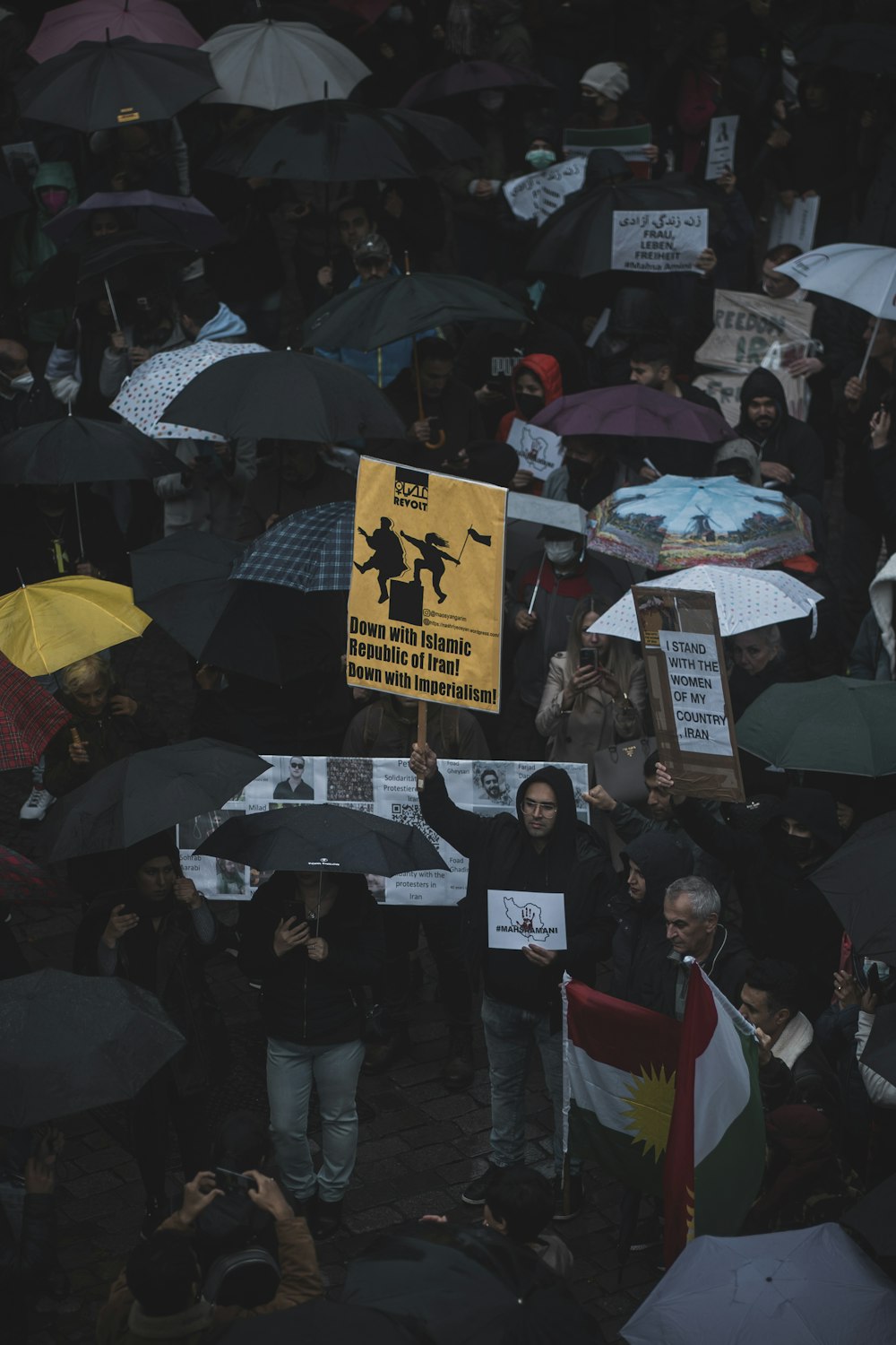 a group of people holding signs and umbrellas