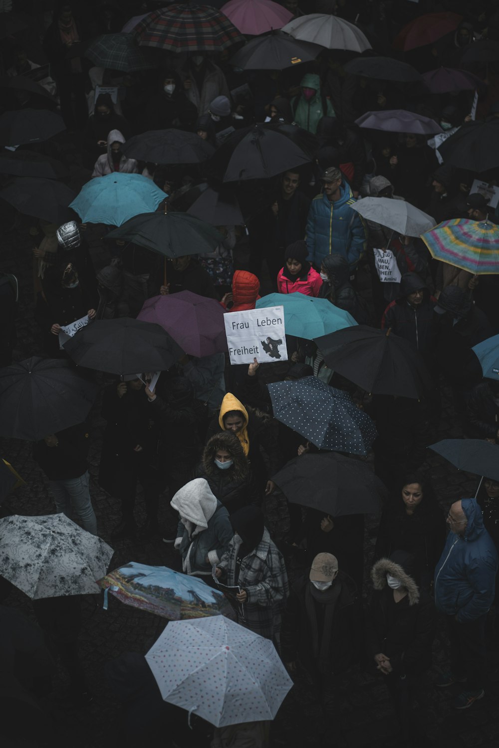 una folla di persone che tengono ombrelli