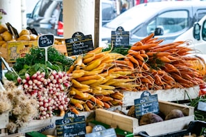 a market with vegetables and fruits