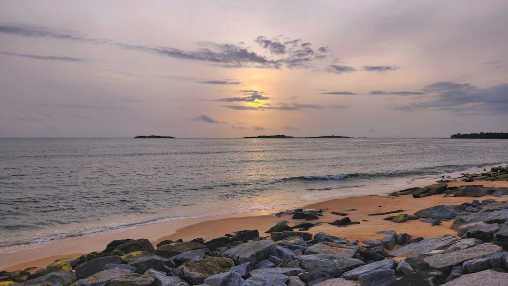 a rocky beach with a body of water in the background