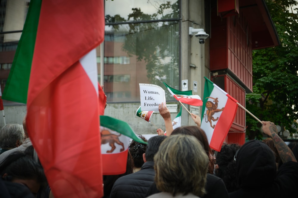 a group of people holding flags