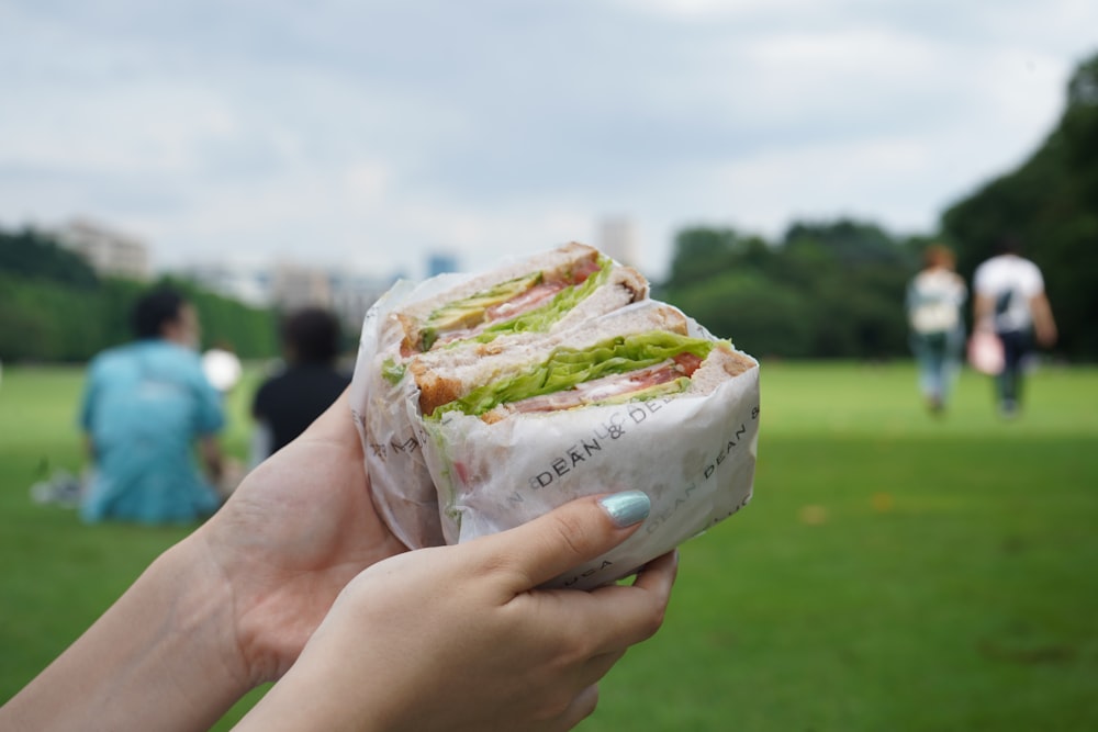 a person holding a sandwich