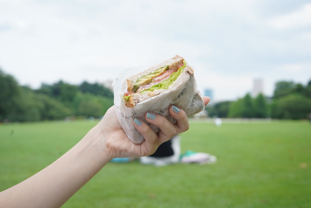 a person holding a sandwich