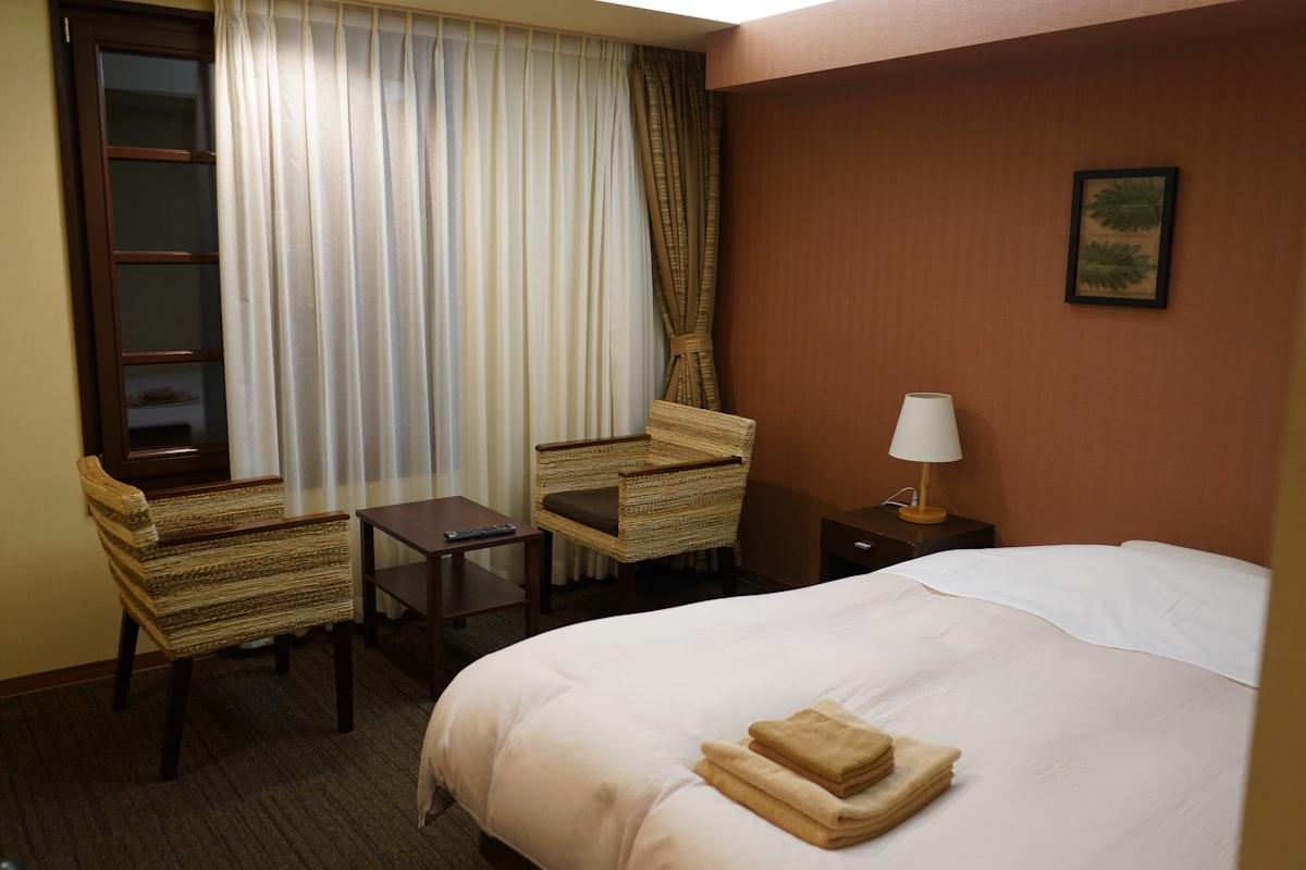 A modern hotel room with elegant furnishings, representing the resilient global travel industry