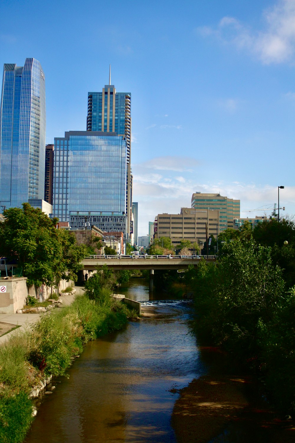 a river with a bridge and tall buildings in the background