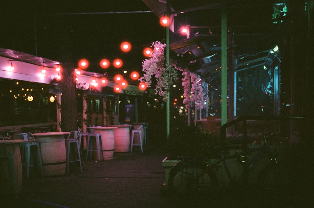 a street with tables and chairs