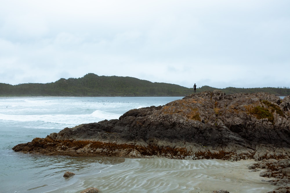 a person standing on a rocky beach