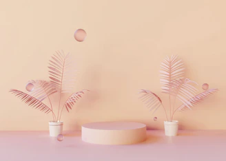 Floating geometric cubes surrounding a tall snake plant on a minimalist white podium with subtle green shadows.
