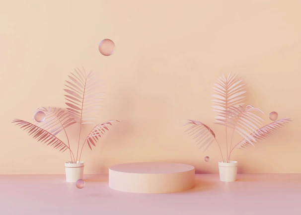 Floating geometric cubes surrounding a tall snake plant on a minimalist white podium with subtle green shadows.
