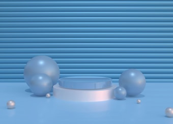A minimalistic scene featuring a gradient blue backdrop with horizontal lines. Several glossy, reflective spheres of varying sizes are placed on the flat surface, along with a central round platform slightly elevated from the ground.