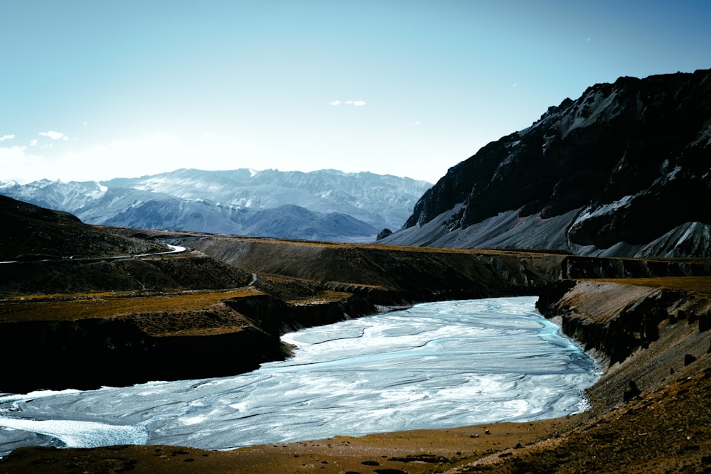 a river running through a snowy mountainous region