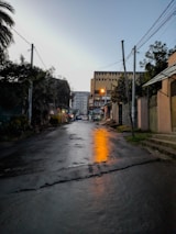 A quiet street scene at dusk with warm streetlights casting gentle glimmers on wet pavement.